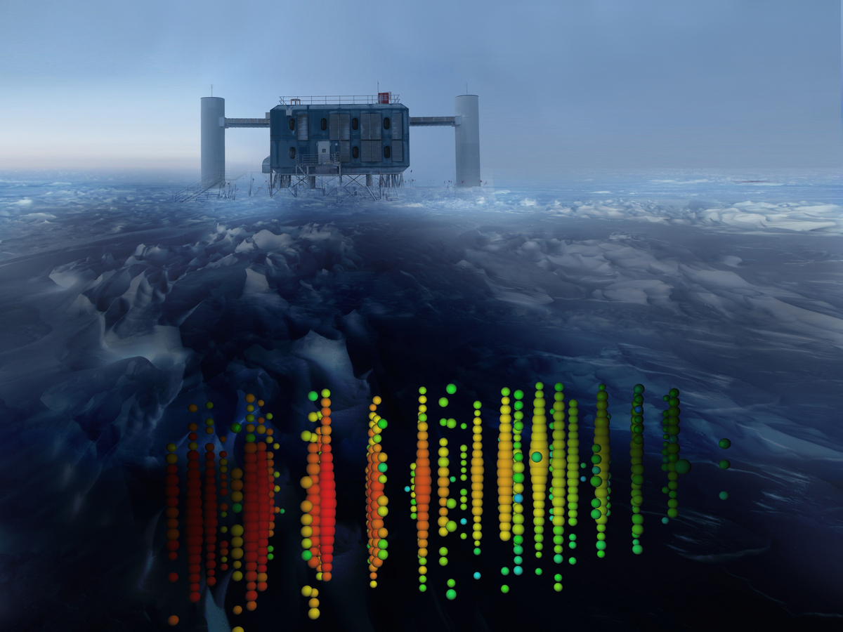 The IceCube Neutrino Observatory's aboveground IceCube Lab, on the ice in Antarctica, with an illustrated neutrino detection event from its underground detector array superimposed 